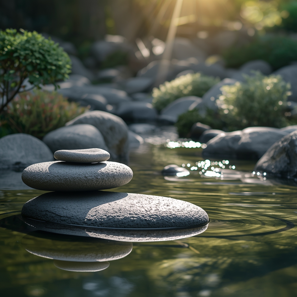 peaceful zen garden with stones and water, nature background, sunlight, relaxing atmosphere --no woman
